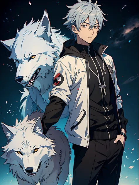 Anime guy with gray wolf