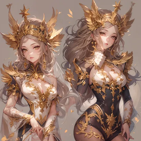 ((Masterpiece, Highest quality)), Detailed face, CharacterDesignSheet， full bodyesbian, Full of details, Multiple poses and expressions, Highly detailed, Depth, Many parts，beuaty girl，summoning，golden colored，estilo fantasia，lacepantyhose，Extremely beautif...