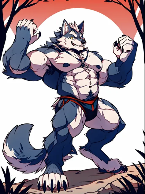 Human-wolf，musculous，Hairy all over，clawed paws，erect through