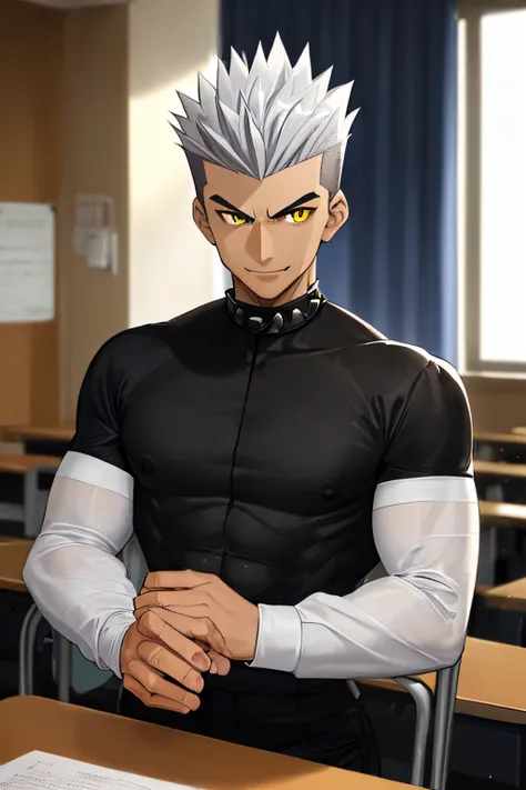 TAN SKIN, Teenage MAN, boy, (masterpiece, best quality), KujouCSA, break, 1boy, (Teenager), 15 years old, (((15 YEARS))) high school student, alone, black formal long sleeve shirt, BLACK SHIRT ((Expensive clothes)), muscular chest, chiseled abs, body full ...