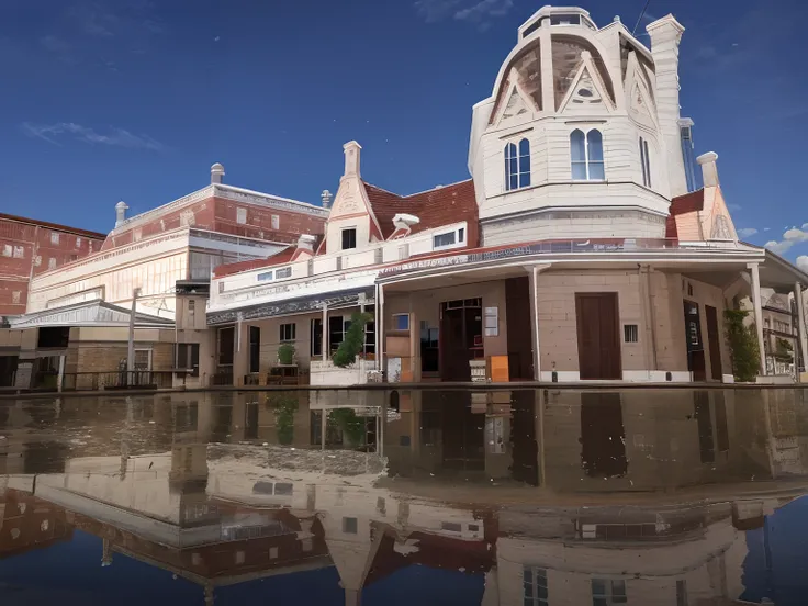 scenery, vintage buildings, reflection on water, well, sky, clouds