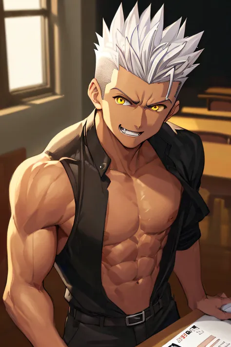 TAN-red SKIN, Teenage MAN, boy, (masterpiece, best quality), KujouCSA, break, 1boy, (Teenager), 15 years old, (((15 YEARS))) high school student, alone, black formal long sleeve shirt, BLACK SHIRT ((Expensive clothes)), muscular chest, chiseled abs, body f...