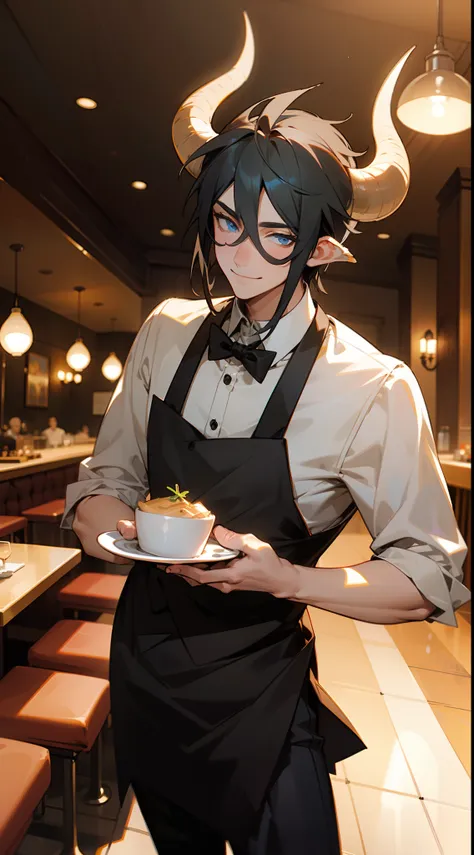 1man,20s,tall,medium body,mature male,solo,happy face,waiter outfit,black hair,blue eyes, horns,standing in a restaurant