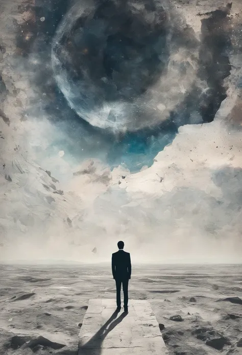 a man  standing alone in a white, open space. The camera angle should be a low-angle shot looking up at them. They appear anxious, looking upwards with intense fear and tension