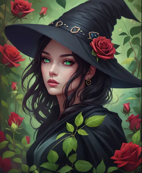 painting of a fierce witch wizard woman with red roses around her, black medium short hair, green eyes, black green robes, background pitch black, a digital painting by Galen Dara, trending on Artstation, digital art, stunning digital illustration, jen bar...