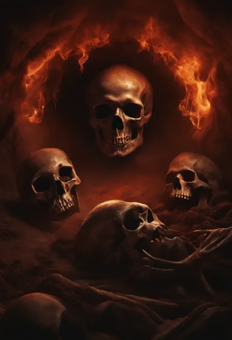 (high quality,HD,cinematic),horror,frequently visited,corpses,skulls,image depicting hell,Necronomicon,painting in the style of depiction,realistic,shadows