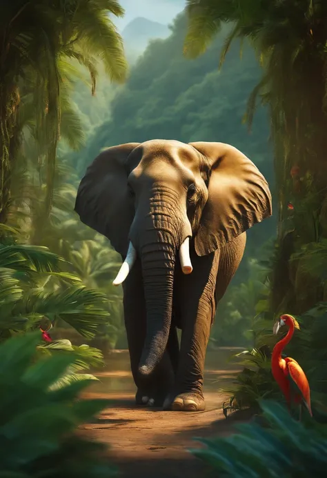 Create a scene where a one-bullet elephant is set in a lush tropical landscape. Use bright colors and jungle details to convey the sense of adventure and tropical freshness.