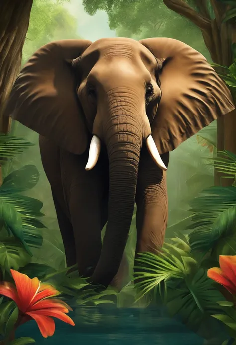 Create a scene where a one-bullet elephant is set in a lush tropical landscape. Use bright colors and jungle details to convey the sense of adventure and tropical freshness.