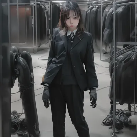 Young Japan woman lifting black suit onto shirt, Black leather gloves worn on both hands, Hands of woman in black suit and black leather gloves in front of you