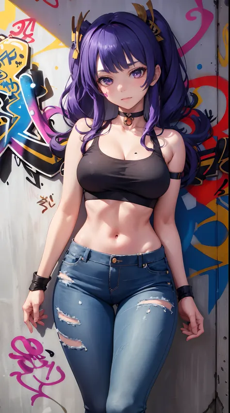 Shogun Raiden|genshin impact, master-piece, bestquality, 1girls,25 years old, proportional body, elongated legs, Beautiful, proportional., crop top, Long Jeans, mediuml breasts, ,bara, crop top, choker, (Graffiti:1.5), Splash with purple lightning pattern....