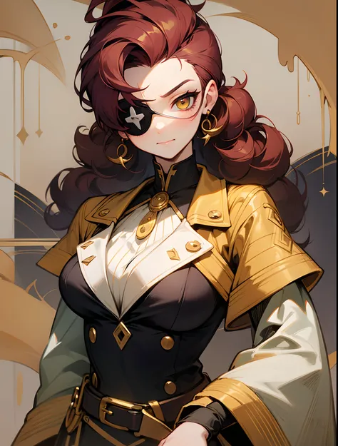 black wizard young woman, , short Rockabilly Pompadour curly Auburn hair, Golden eyes, Symbolic EyePatch, hippie