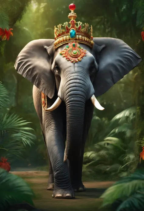 Create a scene where an elephant has a crown on its head, playing football set in a lush tropical landscape. Use bright colors and jungle details to convey the sense of adventure and tropical freshness.