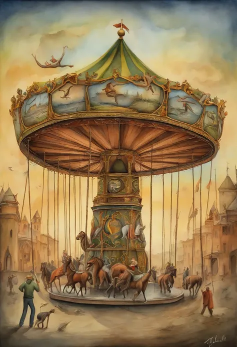 Illustrate a merry-go-round where people futilely chase after climate solutions while the planet burns in the background, highlighting the urgency of addressing environmental issues,      In the syle of pawel kuczynski