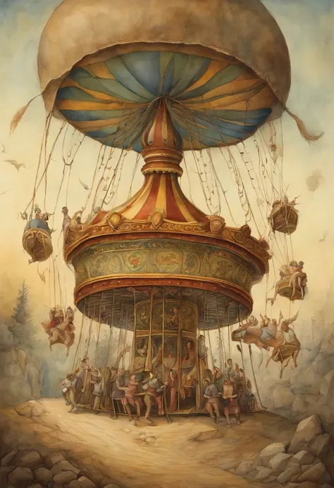 Illustrate a merry-go-round where people futilely chase after climate solutions while the planet burns in the background, highlighting the urgency of addressing environmental issues,      In the syle of pawel kuczynski