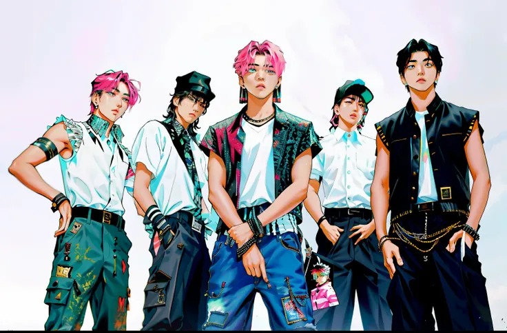 Araped youth group standing side by side, all from the group nct, Regular K-pop boy band, Each one is dressed in the right period clothes,, Bangtan Boys (BTS), k-pop, Gen Z, Portrait of a pink gangster, 2 working days, 2D, k-pop, big bang, U. h. d, Post Gr...