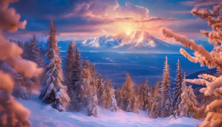 snow mountains，Rolling peaks，Oyuki，Cloudy at the foot of the mountain，Thick clouds，the setting sun，The light is depicted in detail，oc rendered，high qulity，tmasterpiece，Hyper-realistic，Ultra photo realsisim，8K，super-fine，ultra - detailed，Ultra-wide angle of...