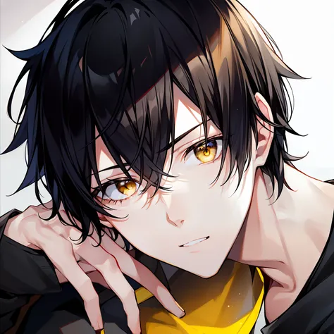 1boys, Black hair, Yellow eyes, Short hair, front angle, Relaxed look , Strong , Long face