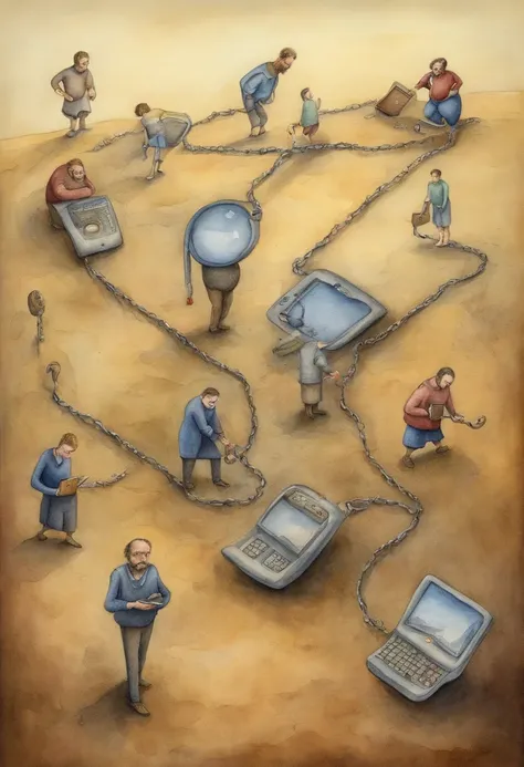 Illustrate people carrying enormous smartphones that bind them like ball and chain, symbolizing addiction to technology and loss of privacy, in the style of pawel kuczynski