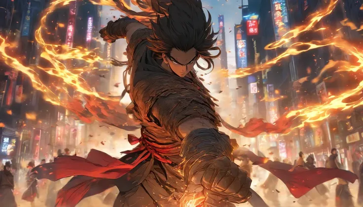 中景 the scene is，Chinese ink style，Smudge, 1 handsome boy, Black hair, Red glowing eyes, Crazy smile, wielding a sword，Dark，Flowing and chic，Ancient armor，Combat boots，（Full body like：1.5），Changan Avenue，ventania，8K，（（super-fine）），Hyper-realistic，（（（OC rend...