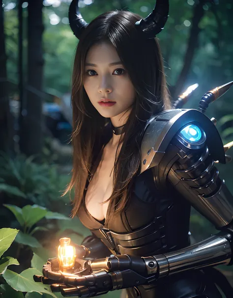 (1 Mechanical Girl)、top-quality、​masterpiece、超A high resolution、(Photorealsitic:1.4)、Raw photo、女の子1人、Golden hair、glowy skin、(((1 Mechanical Girl)))、With a beautiful knife、（Blue Metal Bodysuit）、(beautiful forest background)、(Fighting Demonic Beasts)、(Small ...