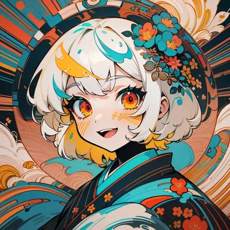 masterpiece, ultra-high quality, ( ultra detailed original illustration), ((chibi mode)),( wolf little girl joyful facial expression, red eye, short hair, white hair, sunny smile, upper body, perfect body), ((kimono fashion)), ((flowers sakura)(graffiti)),...