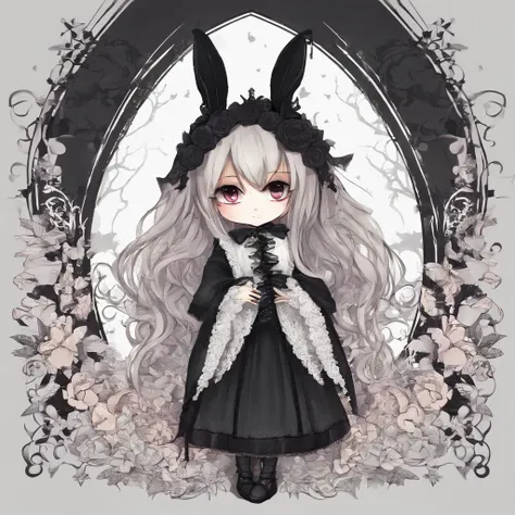 chibi , rabbit ears tail , cute , long hair , gothic , realistrc , light smile , fangs , stockings , 8yo girl , eye lashes , masterpiece , stand back , full body ,