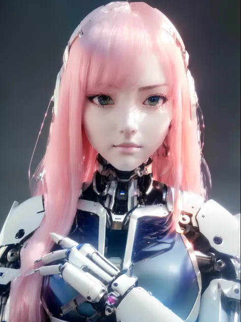 ((masutepiece)), ((top-quality), high quarity、ultra-definition, Realistic,  (Ultra-fine face)、fulcolor 、One beautiful robot woman、(Mechanical joints:1.1)、Parts of the machine、Thick wire joints、White porcelain mechanical armor、(Curvaceous face)、deadpan、pink...