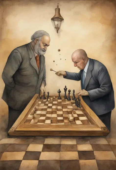 Depict world leaders playing a deadly game of chess with human pawns, illustrating the consequences of political power struggles and conflicts on ordinary people. In the syle of pawel kuczynski