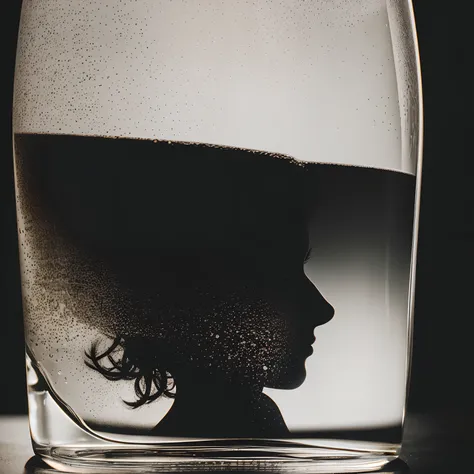 A black silhouette of a woman is seen laterally through a glass with a glass in her hand