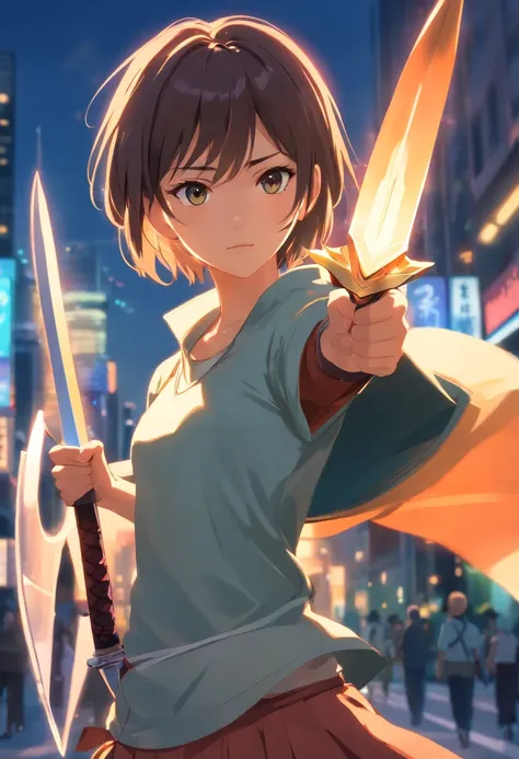 Uma personagem feminina，Best quality,Ultra-detailed,Realistic,Portrait, hdr, professional, Vivid colors, Bokeh, Girl, holdingweapon, Detailed shield, Sharp sword, Dynamic pose, Intense expression