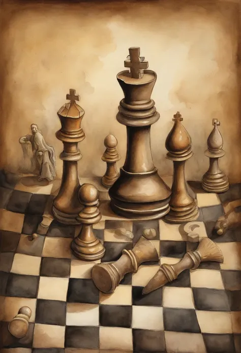 Depict world leaders playing a deadly game of chess with human pawns, illustrating the consequences of political power struggles and conflicts on ordinary people, In the syle of pawel kuczynski, avoid smudging