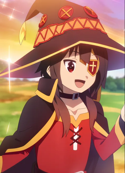 field, worn-down; sparkle; Megumin, eyepatch, crimson dress, witch hat, cape, happy; evening;