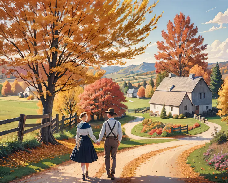 painting of a couple walking down a country road with a barn in the background, autumn season, scenery artwork, fall season, in the autumn, beautiful painting of friends, inspired by Grandma Moses, beautiful painting, american scene painting, by Harold San...