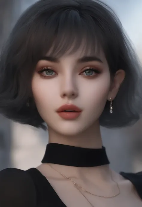 ((realistic face, Seductive, look adulte, yeux verts)), (crop top gris, short), (Cheveux longs noirs), (20 ans), (1 fille), (Style 4k))