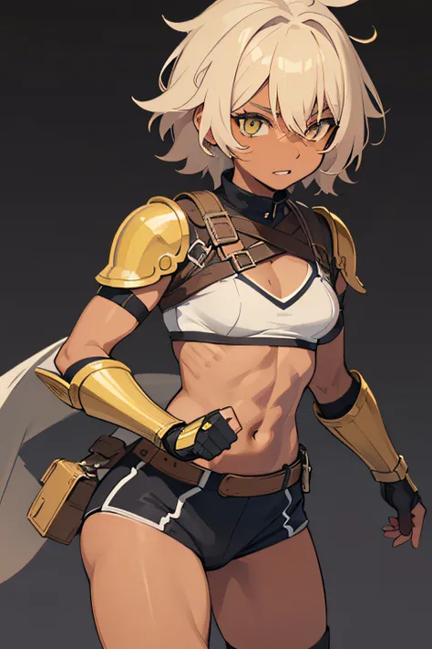 female, 1 young, body with muscles, style: Tomboy, small breasts, short stature, (Eye color: hazel), (skin color: dark tan), Hair color: dirty blonde, Hair style: Short wavy hair kind of messy, base color: yellow. bra size from B71, Light armor, with gaunt...