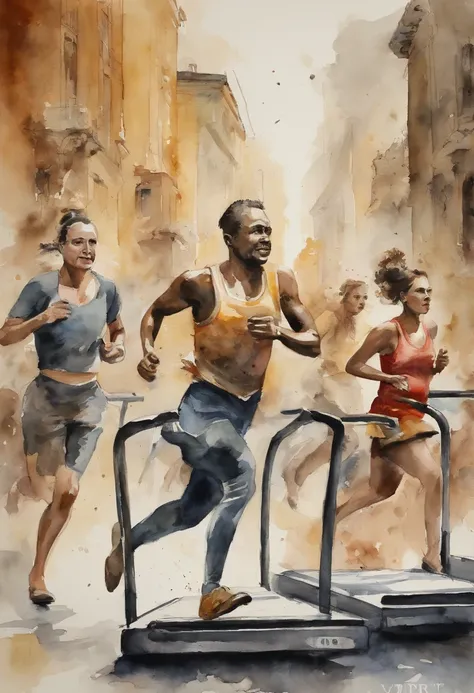 Depict people as rats running endlessly on a treadmill, symbolizing the monotony of modern work life.