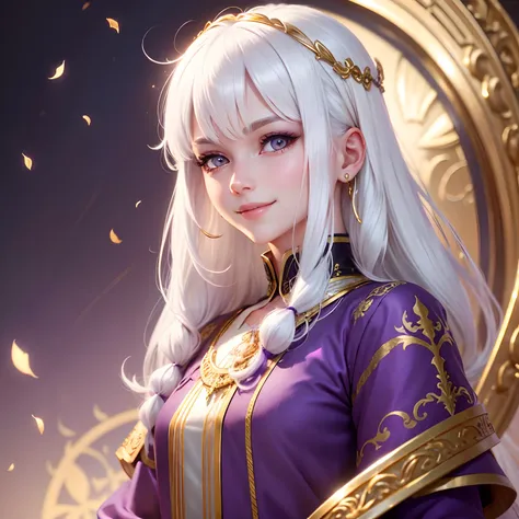 best quality, white hair, gold eyes, purple clothes, looking up, upper body, hair strand, Fair skin, smiling