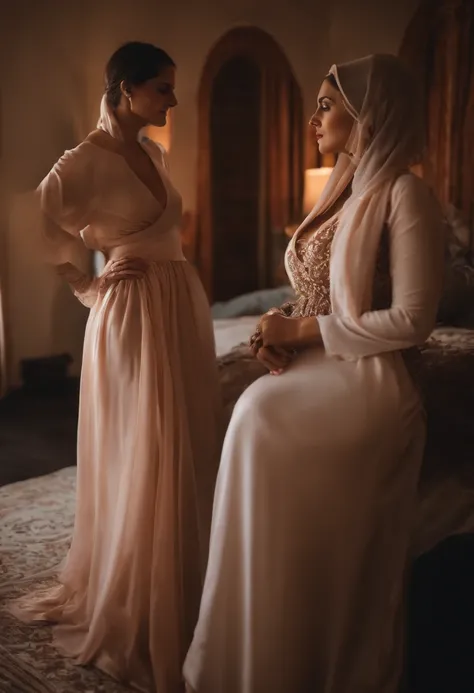 lesbianas, hijab, vestido largo, tetas grandes, nipslip, romantic, in the room, en la cama, sexy, seductor, Looking at each others faces, amar, sexy, Soft lighting, Quiero , con