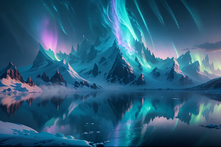 (Extremely detailed Cg Unity 8K wallpaper),Snowy mountain landscape with fog，Antarctic Aurora， Towering snow-capped mountains，Transparent ethereal ice sculpture palace，Frozen lake, Vast and breathtaking scenery.Immerse yourself in the beautiful aurora，phot...