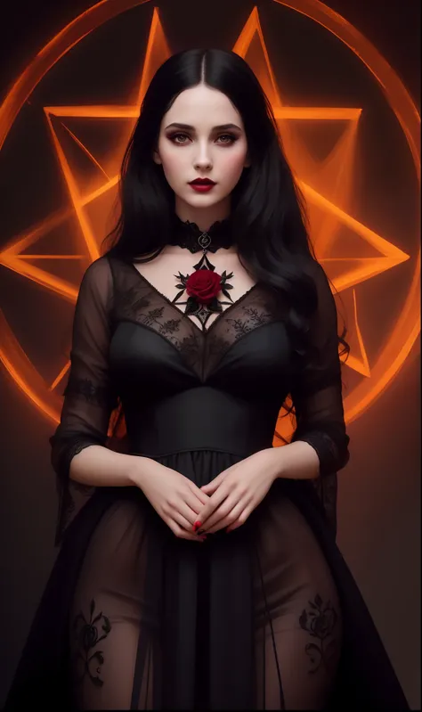 Extremely perfect cinematic hyperrealistic image of a gorgeous woman, a mais linda e sensual do mundo, em um vestido preto com uma rosa vermelha em seu peito, Arte Estilo Tom Bagshaw, Tom Bagshaw Estilo de Arte, wearing a gothic dress, Beautiful elegant de...