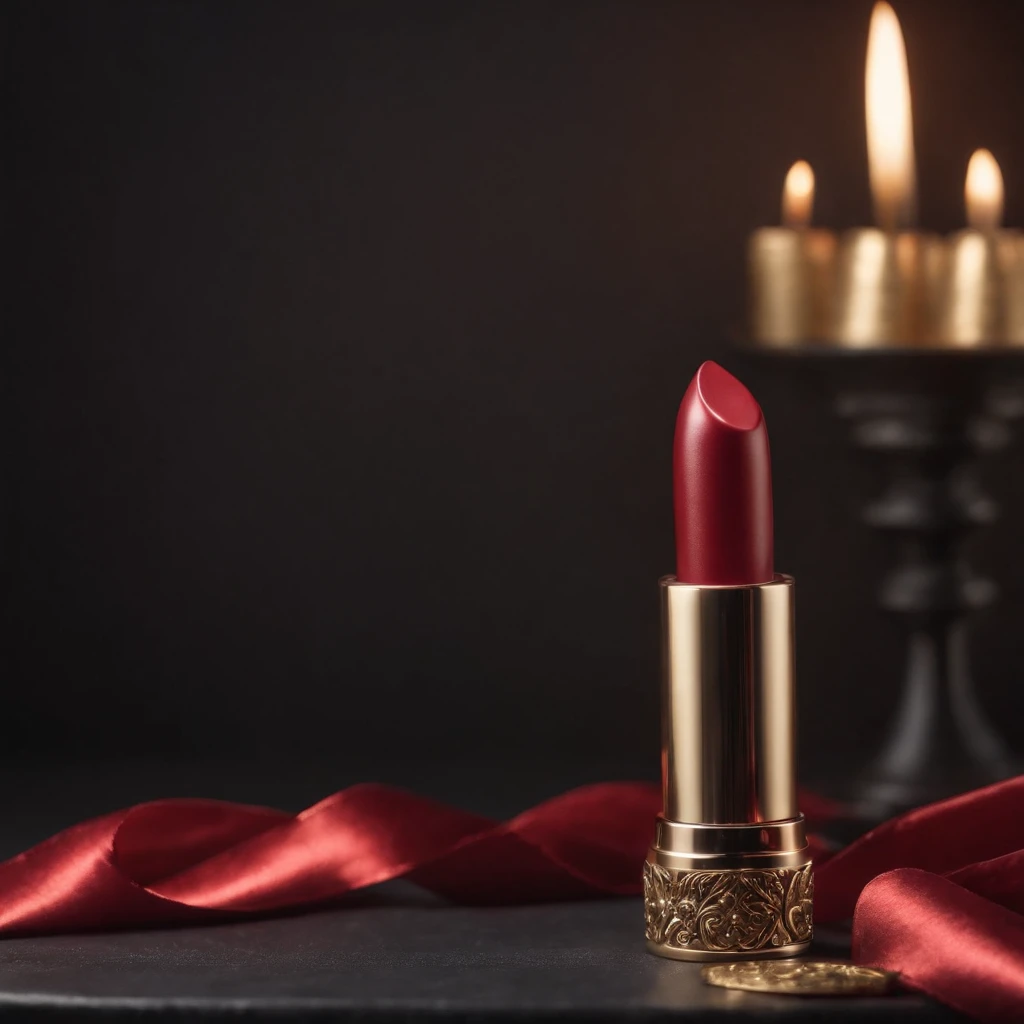 fondo negro, Red lipstick on black table surrounded by red and gold streamer for product photography in photo studio