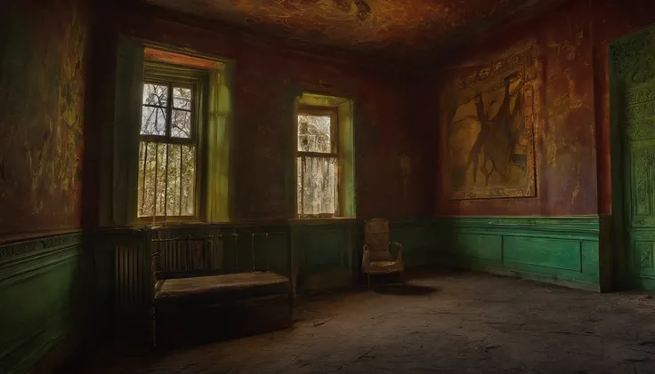 abandoned inside house, strange symbols etched into the walls, unnerving paintings adorned the walls, depicting twisted, nightmarish scenes, paintings on the wall,