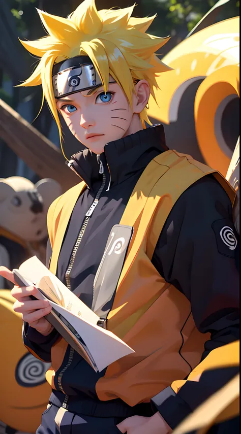 Masterpiece, Superb Style, hypebeast chothes, Outdoor, Upper Body, Uzumaki Naruto, blue eyes, short yellow hair,a boy