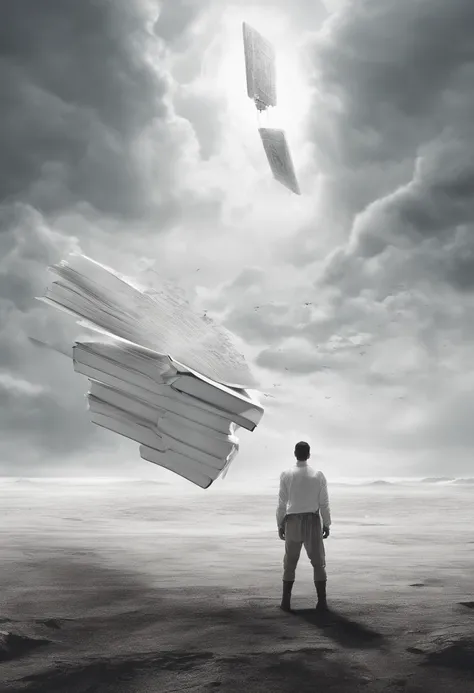 a man standing alone in a white, open space. wearing white clothes . he appear anxious, looking upwards to a book flying above him with intense fear and tension . The camera angle should be a low-angle shot looking up at them