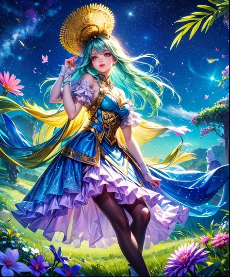 Cute girl characters、Describes a scene with grassy butterflies lying on the water flying around, Looking up at the starry sky. Surround her with colorful nebulae and her favorite constellations.