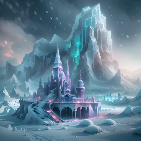 ModelShoot style, (Extremely detailed Cg Unity 8K wallpaper),Snowy mountain landscape with fog，South Pole，aurora，snow mountains，Igloo，Ice sculpture palace，Ice block house，The palace of the Ice Queen，Immerse yourself in the beautiful aurora，photography of：B...