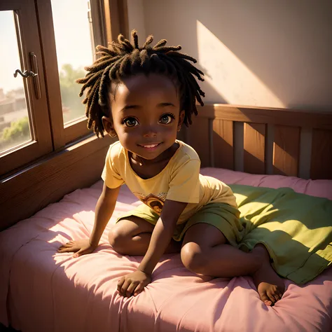 Little African girl in cartoon on her bed who wakes up in the morning with a smile, Sun at the window