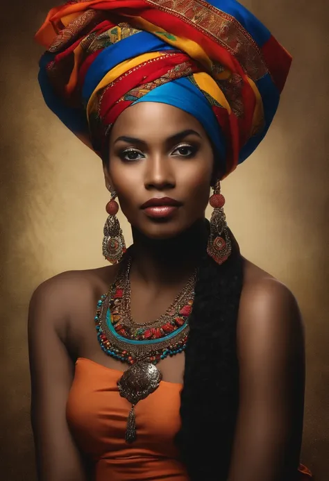 Retrato de uma mulher jovem, negra da etnia quilombola do Brasil, with necklace and ornaments and colorful fabric on the head.