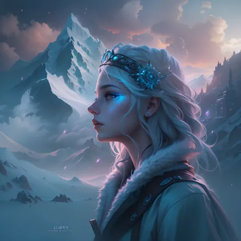 ModelShoot style, (Extremely detailed Cg Unity 8K wallpaper),cyber punk perssonage [Snowy mountain landscape with fog，South Pole，aurora，snow mountains，Igloo]，Ice sculpture palace，Ice block house，The palace of the Ice Queen，Immerse yourself in the beautiful...