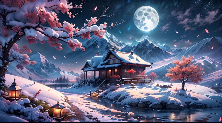 Masterpiece, Best quality, Highly detailed, offcial art, Extremely detailed Cg Unity 8K wallpaper, absurderes, 8K resolution, available  light, In winter, (snow mountains:1.8,snow landscape:1.3,Nature views:1.2),snowflower, Snow,Ice, Hills, ice river, Beau...